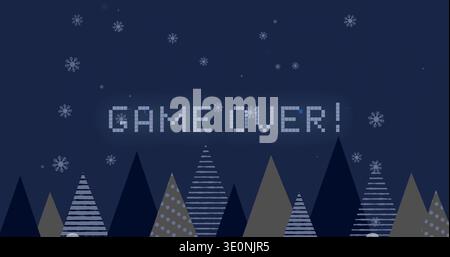 Displaying pixelated GAME OVER! text glowing in navy sky with snowflakes, patterned triangles Stock Photo