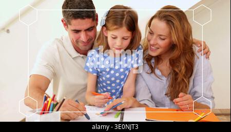Sitting family of three guiding child's coloring at home, daughter in blue shirt with orange marker Stock Photo