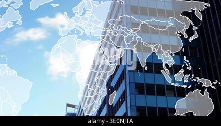 Displaying glass-clad office tower with blue windows and translucent world map overlay downtown Stock Photo