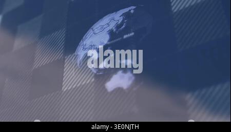 Rotating digital globe hovering over diagonal stripe backdrop showing Australia with scanline Stock Photo