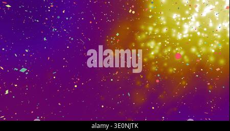 Glowing golden bokeh cluster filling right side in abstract art, with colorful confetti, copy space Stock Photo