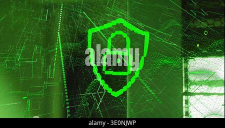 Floating neon-green pixelated shield with padlock icon in cyberspace UI, with wireframe grid Stock Photo