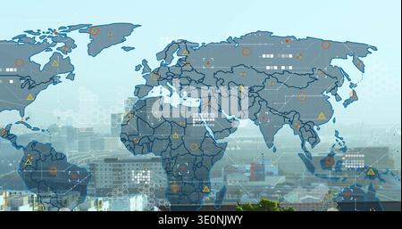 Displaying transparent world map over city rooftops and cranes, with orange circles, white grid Stock Photo