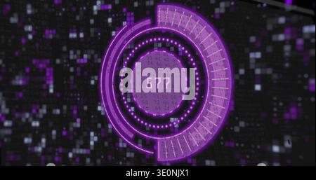 Displaying purple circular HUD with concentric rings, segmented arc, numeric 577 in virtual grid Stock Photo