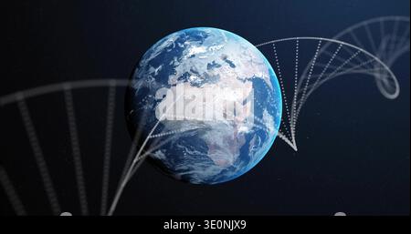 Displaying rendered Earth globe floating in outer space, with dotted helix trajectories Stock Photo