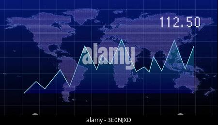 Displaying cyan teal line graph fluctuating on dashboard at center, with dotted map, grid, 112 Stock Photo