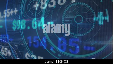 Displaying circular HUD with concentric rings, numeric tickers, circuit traces on data dashboard Stock Photo