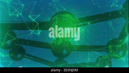 Vertical video: Rotating 3D network with central dotted globe in teal field, joining glossy nodes Stock Photo
