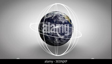 Floating 3D-rendered Earth globe above gray backdrop, showing orbital rings and grid lines Stock Photo