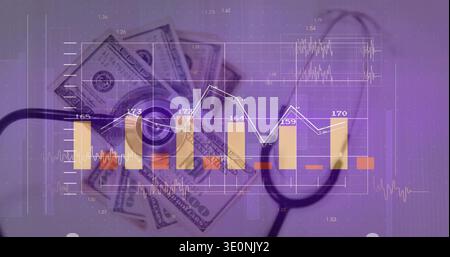 Displaying central stethoscope chestpiece resting on spread of US $100 bills, with overlaid charts Stock Photo