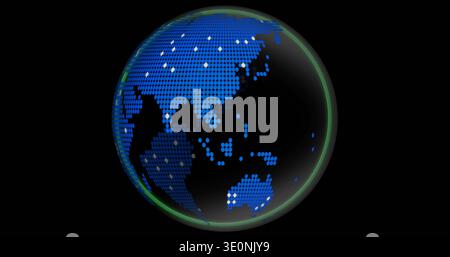Spinning stylized globe showing blue dot map on black, with white lights and green rim Stock Photo