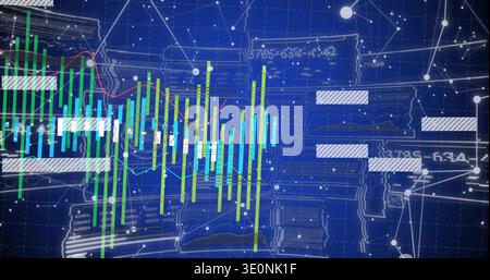 Displaying green-blue bars-and-candles on dark-blue grid, with red-cyan trendlines and white nodes Stock Photo