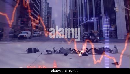 Lying scattered angular dark shards across downtown pavement, with red line and purple bars overlay Stock Photo