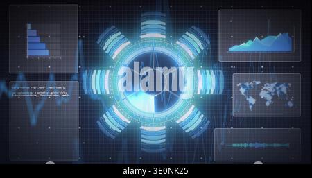 Projecting central circular digital interface over virtual dashboard, showing charts and ECG trace Stock Photo