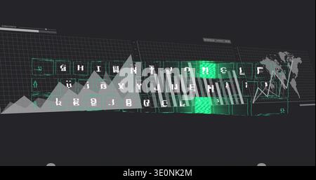 Displaying grid panel sitting center in cyber HUD showing alpha keys, area peaks, neon green blocks Stock Photo