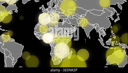 Showing map focusing on Africa and nearby regions over black sea with white borders, yellow glows Stock Photo