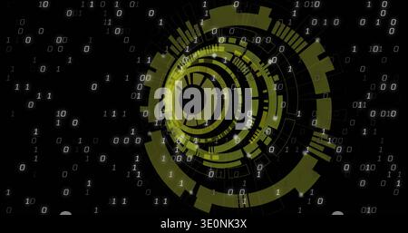 Displaying central circular HUD glowing neon olive on digital plane with gridlines, showing binary Stock Photo