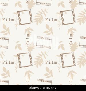 Vintage Seamless Pattern with Analog Film Frames, Typography and Botanical Leaf Imprints in Sepia Tones. Vector illustration Stock Vector