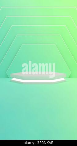Minimalist hexagonal display stage with neon light. Perfect for product presentations, awards, and virtual concepts Stock Photo