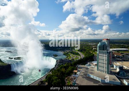 An aerial view of the majestic Horseshoe Falls at Niagara Falls, Ontario, Canada, with a tour boat carrying visitors experiencing the powerful cascade Stock Photo
