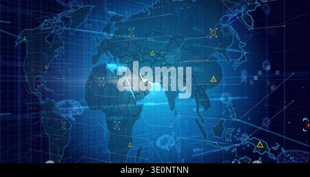 Displaying translucent world map highlighting Africa Europe Asia on virtual dashboard, with alerts Stock Photo