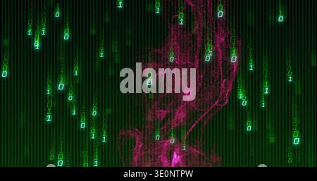 Glowing magenta plume drifting center-right of frame, overlapping neon green binary digits Stock Photo