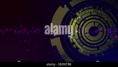 Displaying HUD spinning at right over purple nebula, with ring overlays and data blocks, copy space Stock Photo