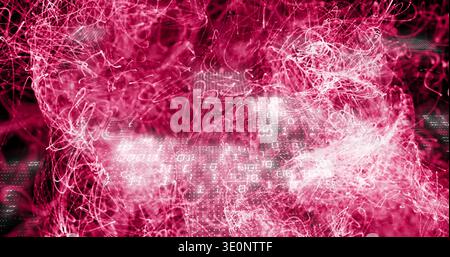 Swirling magenta filaments forming data flow in digital scene, with binary digits, glowing nodes Stock Photo