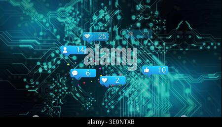 Floating badge cluster glowing on teal circuit, showing user14 heart25 comment6 heart2 like10 Stock Photo