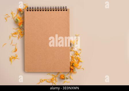 Blank kraft notebook with dried Calendula flowers and petals. Top view with space for text. Flat Lay Stock Photo