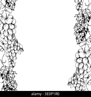 Natural grapevine seamless banner featuring flowing tendrils and ripe detailed grapes. Vector ink illustration. Hand drawn for website decoration Stock Vector