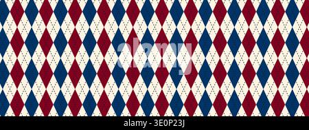 Traditional argyle pattern with blue and red rhombus shapes. Fabric diamond print for sweater, plaid or wrapping paper. Simple geometric background. Father Day wallpaper. Vector illustration. Stock Vector