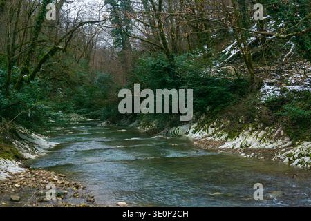 river in the forest in winter. Beautiful winter landscape with a river. Stock Photo