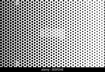 Repeated decreasing hexagons with halftone fading effect. Pattern with vanishing black honeycomb shapes on white background. Simple geometric print. Perforated structure. Vector graphic illustration. Stock Vector