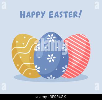 Happy Easter. Greeting card with colorful decorated eggs. Vector illustration in flat cartoon style. Stock Vector