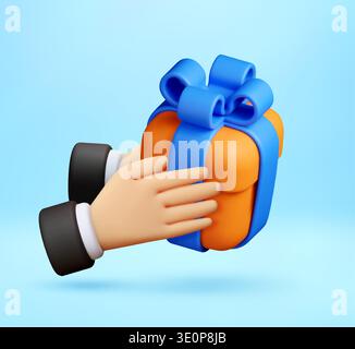 3D human hand holding orange gift box Stock Vector