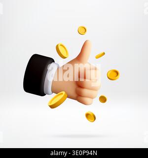 3D hand showing thumbs up sign with golden coins Stock Vector