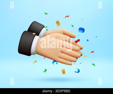 3D hands clapping with colorful confetti. Stock Vector
