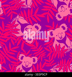 Seamless pattern with koalas and tropical palm leaves on a vibrant purple and pink background. Exotic wildlife wallpaper for textile and decor. Stock Vector