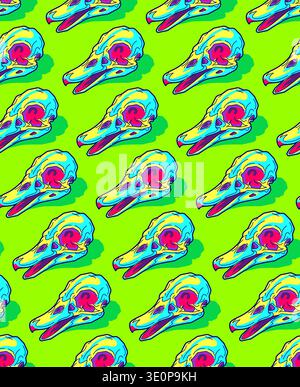 Seamless pattern with bird skulls on a vibrant neon green and yellow background. Psychedelic and trippy style for modern textile and street wear. Stock Vector