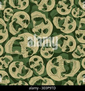 Seamless pattern with human skulls in green and khaki camouflage colors. Creative military style wallpaper for textile, apparel and tactical gear. Stock Vector