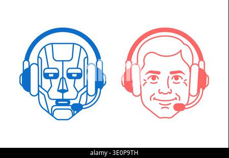 robot and a human male operator in headsets. Professional concept for call center, technical support, and AI customer service. Stock Vector