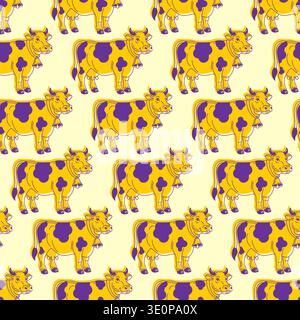 Seamless pattern with stylized yellow cows featuring purple spots on a light background. Fun and colorful animal texture for children's textile and de Stock Vector