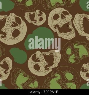 Seamless camouflage pattern with human skulls in olive, green and brown shades. Tactical military style background for apparel and gear. Stock Vector