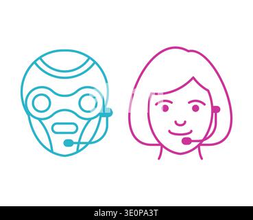 robot and female operator in headsets icon. Modern concept for human-robot interaction in customer service. Stock Vector