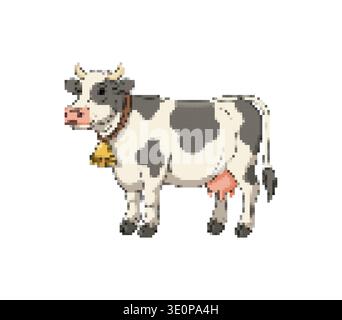 Pixel art cow with a golden bell. Retro 8-bit game style farm animal character. Isolated on white. Stock Vector