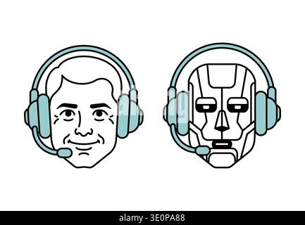 featuring a human male operator and a robot, both wearing headsets. Concept for human-AI collaboration in customer support and tech service. Stock Vector