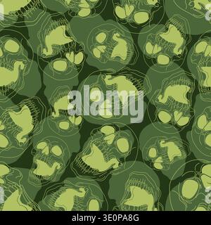 Seamless pattern with stylized human skulls in various shades of green. Creative camouflage-inspired texture for tactical gear and urban fashion. Stock Vector