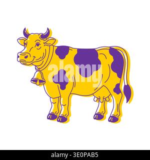 yellow cow with bright purple spots and a bell. Colorful character for dairy products, kids' design, or farm concepts. Stock Vector