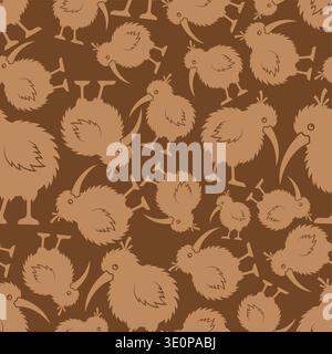 Seamless pattern  brown silhouettes of kiwi birds. Nature-themed background inspired by New Zealand wildlife and endemic species. Stock Vector